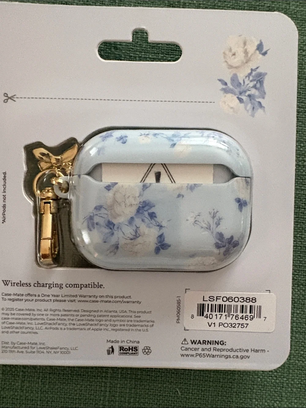 LoveShackFancy Blue and Cream Floral AirPods Pro 3 Case with Gold Clip